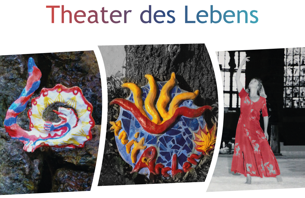 Moodarea mit Drache, Namensschild und Anita Aschenbrenner beim Tanz, Theater des Lebens